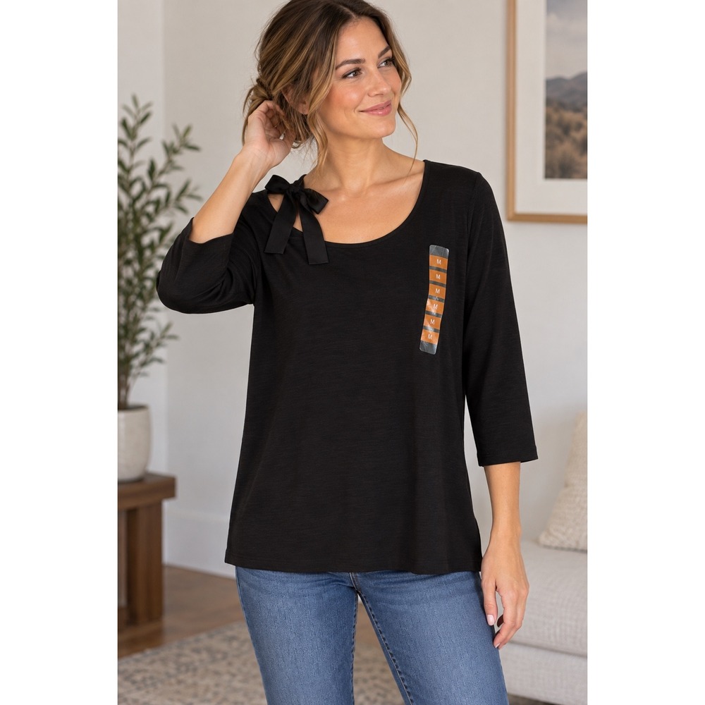 Ellen Tracy Black Bow Shoulder Cut Out Top Women M Blouse 3/4 Sleeve Chiffon Hem